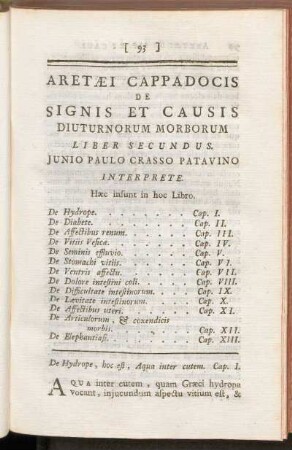 Aretaei Cappadocis De Signis Et Causis Diuturnorum Morborum Liber Secundus