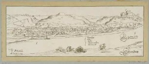 Stadtansicht von Schandau in der Sächsischen Schweiz von Südwesten nach einer Federzeichnung von Wilhelm Dilich von 1627, aus Bergblumen, illustrierte Heimatkundeblätter des Gebirgsvereins Sächsische Schweiz