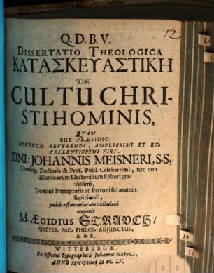 Diss. theol. kataskeuastikē de cultu Christi hominis