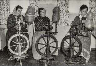 Frauen in Hoyerswerdaer Alltagstracht am Spinnrad : Žony we Wojerowskej dźěłanskej drasće při předźenju z kołwrótami