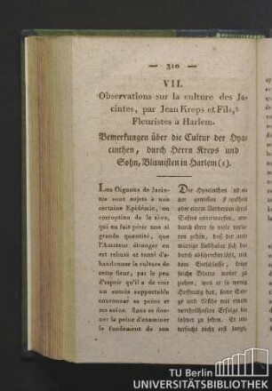 VII.Observations sur la culture des Jacintes, par Jean Kreps et Fils, Fleuristes à Harlem. Bemerkungen über die Cultur der Hyacinthen, durch Herrn Kreps und Sohn, Blumisten in Harlem.