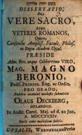 Diss. de vere sacro apud veteres Romanos