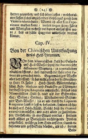 Cap. IV. Von der Chimischen Untersuchung dieses Heil-Brunnen.