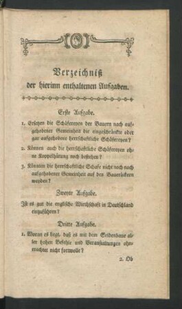 Verzeichniß der hierinn enthaltenen Aufgaben.