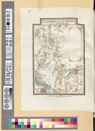 Reise Atlas von Bajern oder Geographisch-geometrische Darstellung aller bajrischen Haupt- und Landstraßen mit den daranliegenden Ortschaften und Gegenden : nebst Kurzer Beschreibungen alles dessen, was auf und an einer jeden der gezeichneten Straßen für den Reisenden merkwürdig seyn kann. [Gewidmet] Joseph August Grafen von Toerring. 21, Chaussee Von Augsburg Nach Neuburg