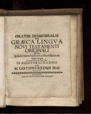 Oratio Inauguralis De Graeca Lingua Novi Testamenti Originali