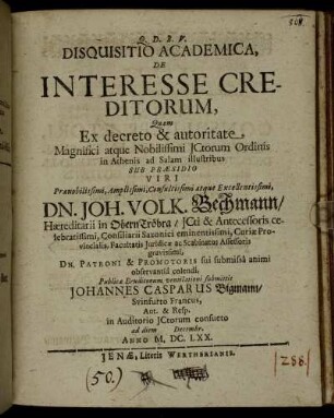 Disquisitio Academica, De Interesse Creditorum