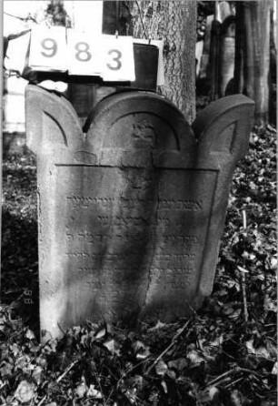 Grabstein 983 (Index: 99804037) Material: Sandstein Zustand: verwittert/Textverlust Maße HxBxT: 73x56x11 cm Beschreibung: Stele mit eingezogenem Rundbogen, Seitenakroterien, profilierter Rand Besonderheit: Endreim: Grabstein 983