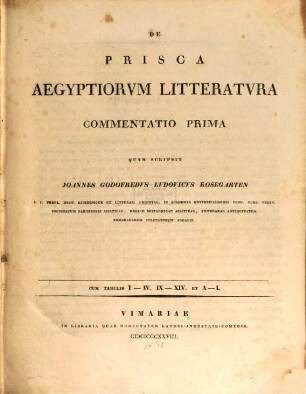 De prisca Aegyptiorum Litteratura Commentatio Prima