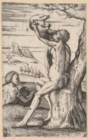 Trinkender Satyr mit Weinschlauch, daneben Dudelsack spielender Satyr