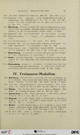 IV. Freimaurer-Medaillen (Nr. 1420-1530)