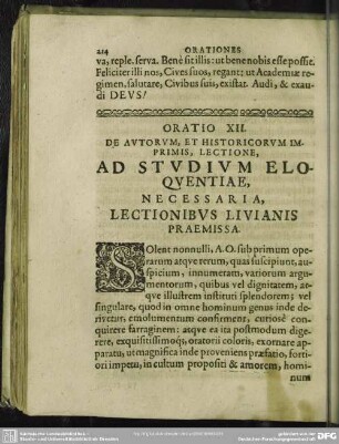 Oratio XII. De Autorum, Et Historicorum Imprimis, Lectione, Ad Studium Eloquentiae, Necessaria, Lectionibus Livianis Praemissa