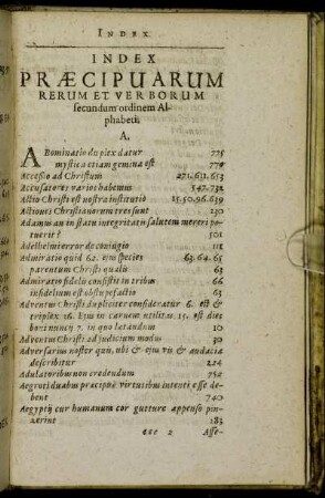 Index Præcipuarum Rerum Et Verborum secundum ordinem Alphabeti.