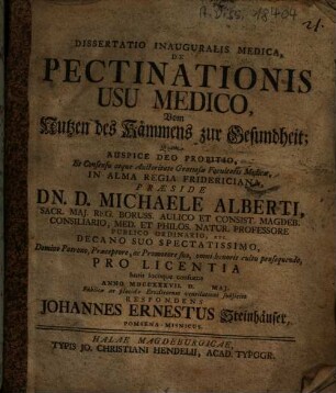 Dissertatio Inauguralis Medica, De Pectinationis Usu Medico : = Vom Nutzen des Kämmens zur Gesundheit