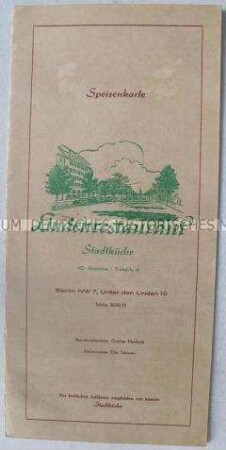 Speisekarte der HO-Gaststätte "Lindenrestaurant" in Berlin (DDR)
