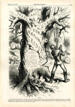 Apropos. [Anschließend folgt ein Textblock] : ein Mann fällt in einem Wald Bäume, die die amerikanische Wirtschaft symbolisieren