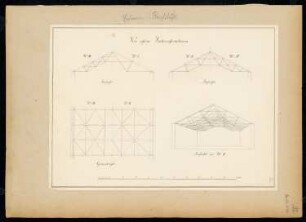 Eiserner Dachträger Monatskonkurrenz Januar 1847: Grundriss, 2 Aufrisse, perspektivische Ansicht; Maßstabsleiste