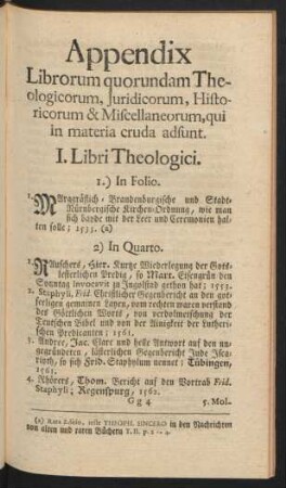 Appendix Librorum quorundam Theologicorum, Iuridicorum, Historicorum & Miscellaneorum, qui in materia cruda adsunt
