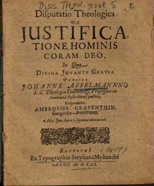 Disputatio Theologica De Justificatione Hominis Coram Deo
