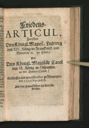 Friedens-Articul, Zwischen Dero Königl. Mayest. Ludwig dem ...
