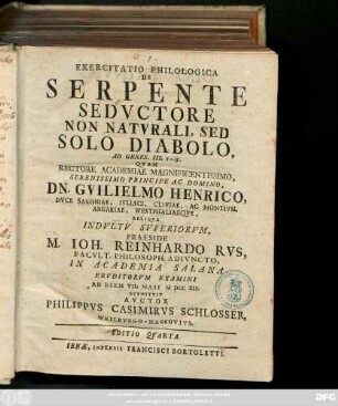 Exercitatio Philologica De Serpente Sedvctore Non Natvrali, Sed Solo Diabolo, Ad Genes. III. 1-15.