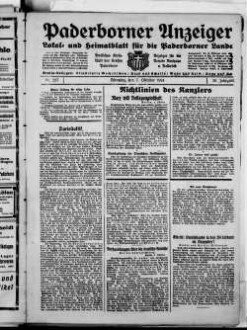 Paderborner Anzeiger : Lokal- und Heimatzeitung für das gesamte Paderborner Land : Tageszeitung für Jedermann : Publikationsorgan vieler Behörden