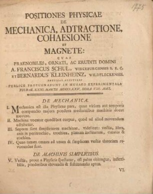 Positiones physicae de mechanica, adtractione, cohaesione et magnete.
