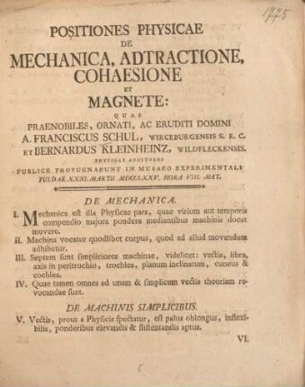 Positiones physicae de mechanica, adtractione, cohaesione et magnete.
