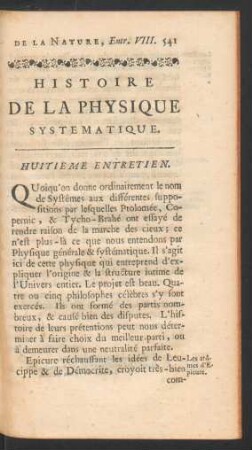 Huitieme entretien. Histoire de la physique systematique.