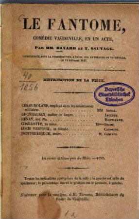 Le Fantôme : Comédie vaudeville, en un acte, par Bayard et T. Sauvage. [Umschlagtitel]