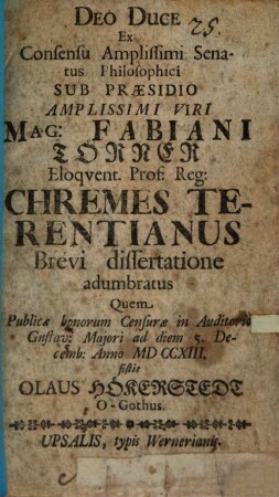 Chremes Terentianus brevi dissertatione adumbratus