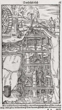Kunstgezeug mit drei Saugsätzen. Legende: A Der Schacht B Der unterste Pumpensatz C Der erste Wasserkasten D Der zweite Pumpensatz E Der zweite Wasserkasten F Der dritte Pumpensatz G Das Gerinne H Die verlängerte Radwelle I Das erste breite Gestänge K Das zweite breite Gestänge L Das dritte breite Gestänge M Die erste Kolbenstange N Die zweite Kolbenstange O Die dritte Kolbenstange P Die Drehpunkte Q Die Scheren : Kunstgezeug mit drei Saugsätzen. Legende: A Der Schacht B Der unterste Pumpensatz C Der erste Wasserkasten D Der zweite Pumpensatz E Der zweite Wasserkasten F Der dritte Pumpensatz G Das Gerinne H Die verlängerte Radwelle I Das erste breite Gestänge K Das zweite breite Gestänge L Das dritte breite Gestänge M Die erste Kolbenstange N Die zweite Kolbenstange O Die dritte Kolbenstange P Die Drehpunkte Q Die Scheren. Repro aus: Agricola, Georgius: De re metallica liber sextus, Seite 145, Basel 1556