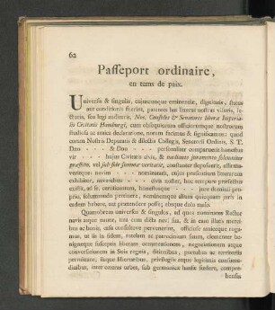 Passeport ordinaire, en tems de paix. / Gewöhnlicher See-Paß, in Friedens-Zeiten.
