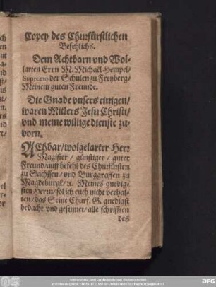 Copey des Churfürstlichen Befehlichs.