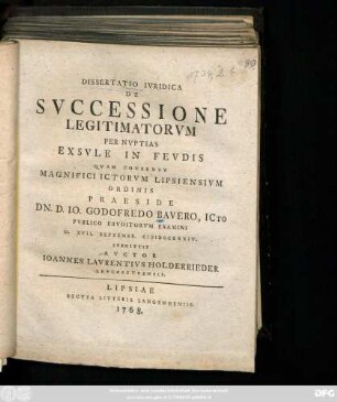 Dissertatio Ivridica De Svccessione Legitimatorvm Per Nvptias Exsvle In Fevdis