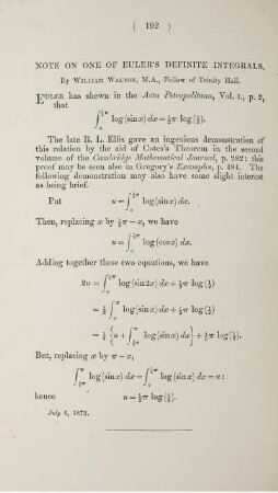 Note on one of Euler's definite integrals.