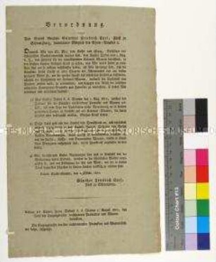 Verordnung von Günther Carl Friedrich Fürst zu Schwarzburg zur gesetzlichen Verankerung des Kaiserlichen Dekrets vom 5.8.1810, den Tarif der Eingangsrechte verschiedener Produkte und Waren betreffend, in den Staaten des Rheinbundes