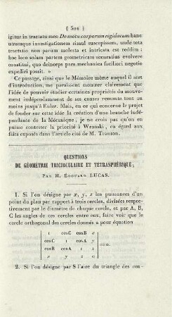 Questions de géométrie tricirculaire et tétrasphérique.