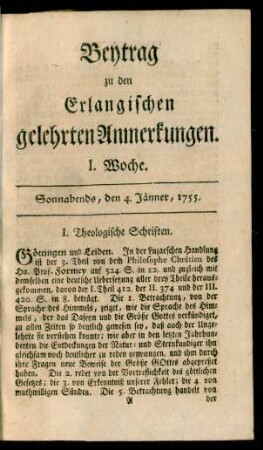 I. Woche (4. Jänner 1755)-LII. Woche (27. December 1755): Beytrag zu den Erlangischen gelehrten Anmerkungen