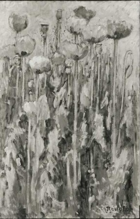 Violette Mohnblumen und Fingerhut : Rudolph, Wilhelm: Violette Mohnblumrn und Fingerhut. Öl/Hartfaser; 59,7 x 39,2 cm. Dresden: Galerie Neue Meister 84/29