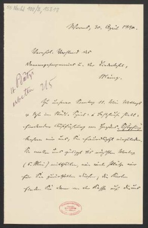 Brief an Ludwig Strecker  und Mainzer Liedertafel und Damengesangverein : 30.04.1890