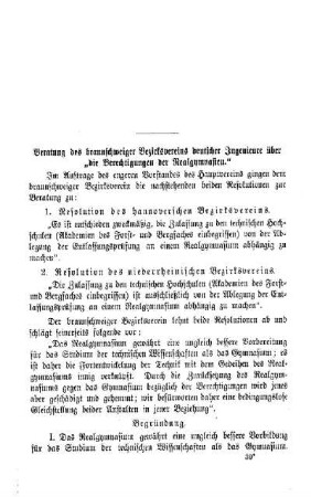 Beratung des braunschweiger Bezirksvereins deutscher Ingenieure über die "Berechtigung der Realgymnasien"