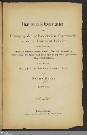 Christian Wilhelm Dohms Schrift "Über die bürgerliche Verbesserung der Juden" und deren Einwirkung auf die gebildeten Stände Deutschlands : eine kultur- und literaturgeschichtliche Studie