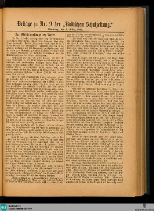 Badische Schulzeitung : Vereinsbl. d. Badischen Lehrervereins u. Verkündigungsstelle d. Fürsorgevereine, Beilage zu Nr.9 der "Badischen Schulzeitung"