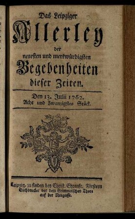 Den 13. Julii 1762. Acht und Zwanzigstes Stück.