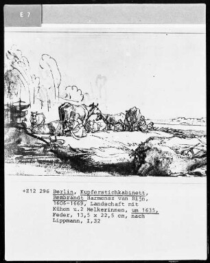 Landschaft mit Kühen und zwei Melkerinnen