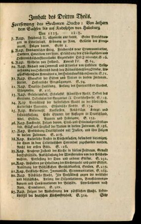 Innhalt des Dritten Theils. Fortsetzung des Sechsten Buchs: Von Lotharn dem Sachsen bis auf Rudolphen von Habsburg.