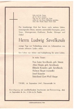 Todesanzeige Ludwig Savelkouls 14.09.1947