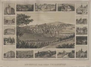 Ansicht von Buchholz, Lithographie, um 1850 : Buchholz und seine Umgebungen / nach der Natur gezeichnet u. lith. v. J. Wagner. - Annaberg : Rudolph & Dieterici , [um 1850]. - 17 Ans. auf 1 Kunstbl. : getönte Lithographie ; Gesamtgr. 46 x 31 cm