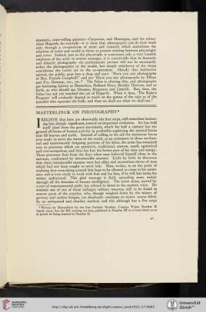 Maeterlinck on Photography [reprint of a text written for Camera Work II, 1903, published only as a loose insert to Camera Work III, 1903]